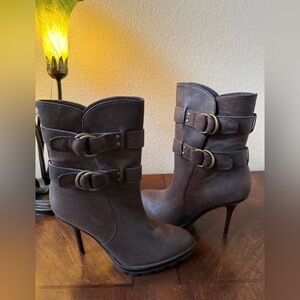 COACH Thelma Brown Leather & Suede Double Buckle Stiletto Mid-Calf Boots 🔥